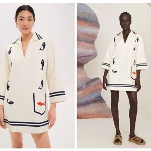 ALÉMAIS linen Marine Tunic Dress printed fish motifs US 4. AU 8